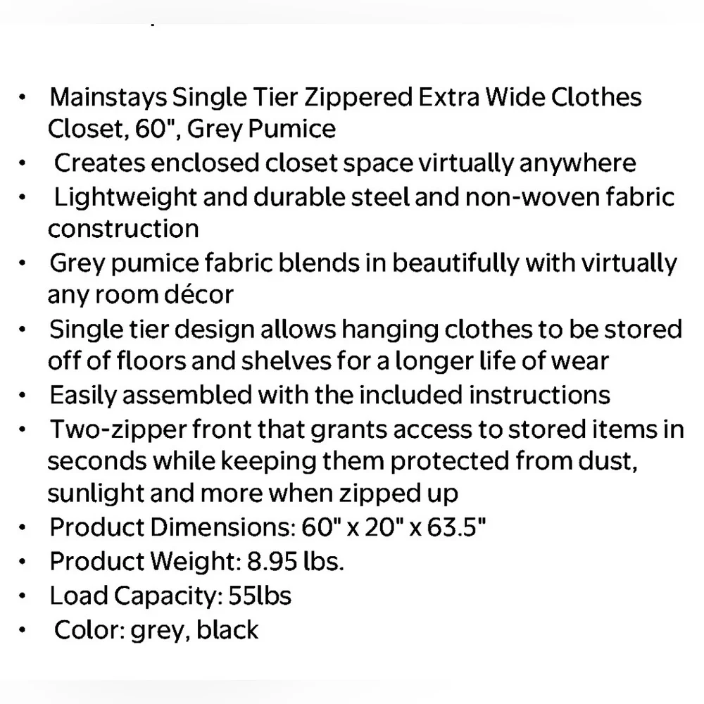 Mainstays Single Steel Tier Zippered Extra Wide Clothes Closet